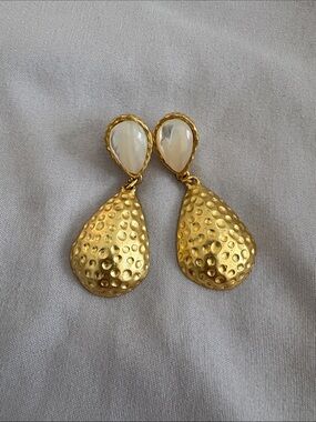 Gold Teardrop Dangle Earrings with Pearl Stone Accent
